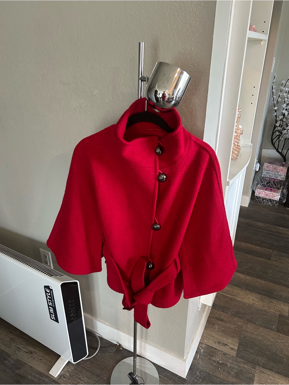 Women's Red Wool-Blend Belted Cape Coat with Stand Collar